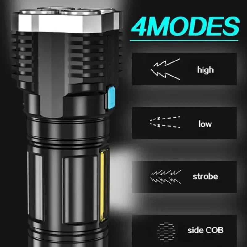 ABS Waterproof 5 LED Military Flashlight - USB Charging 4 COB Modes For Outdoor