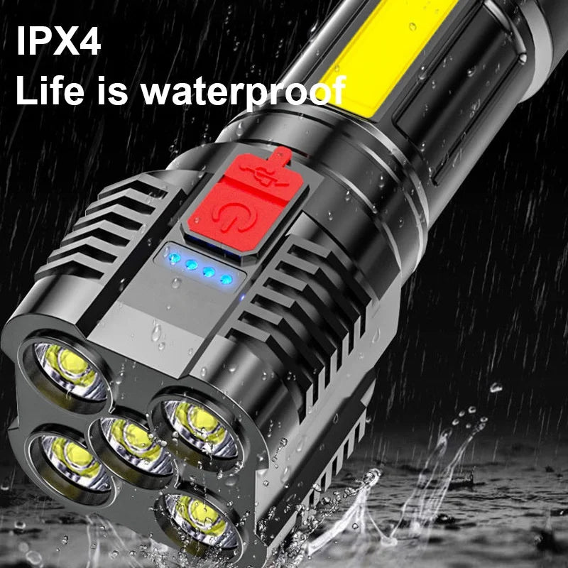 ABS Waterproof 5 LED Military Flashlight - USB Charging 4 COB Modes For Outdoor